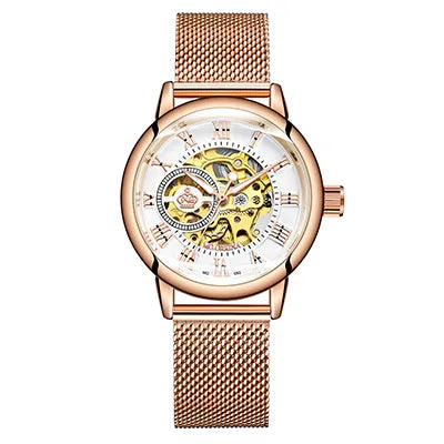 Women Bracelet Watch Skeleton Automatic Wristwatch Mesh Stainless Steel Band