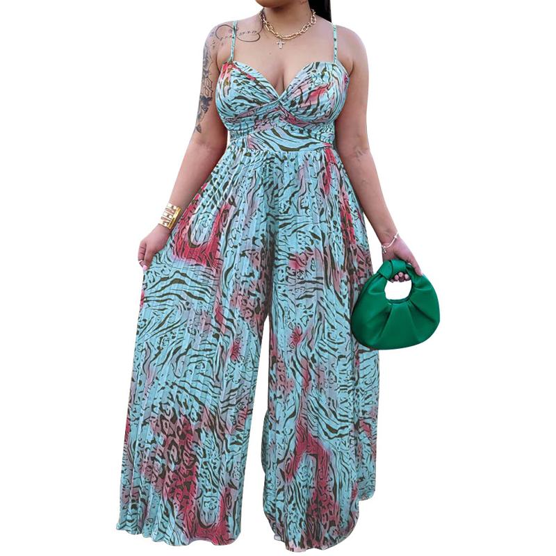 Women's Clothing Printed Drawstring Pleated Jumpsuit