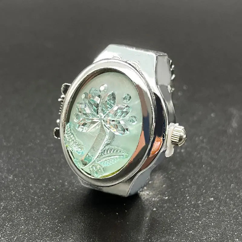 Women Ring Elliptical Stereo Flower Clamshell Adjustable Rings Quartz Watches