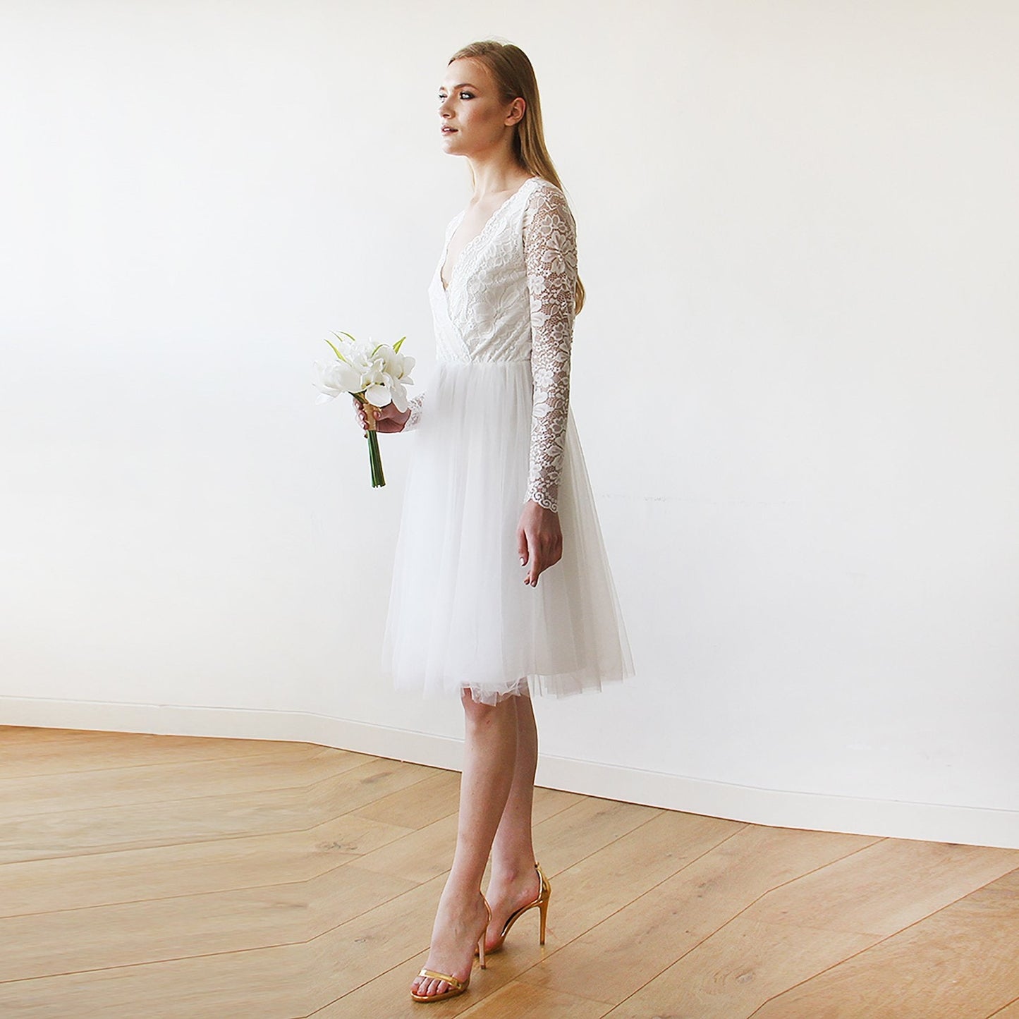 Short Wedding Dress ,Ivory Tulle & Lace Midi  Dress