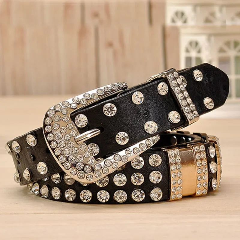 Rhinestone Belts for Women Leather Belt Second Layer Skin Strap Female