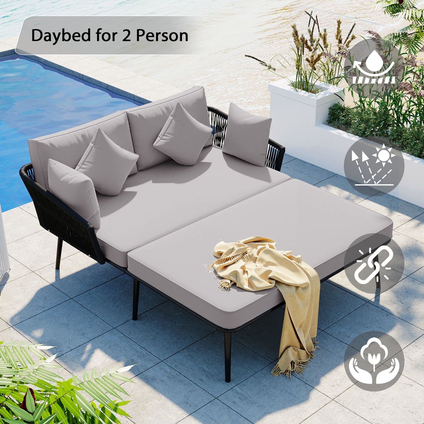 Outdoor Patio Daybed, Woven Nylon Rope Backrest With Washable Cushions