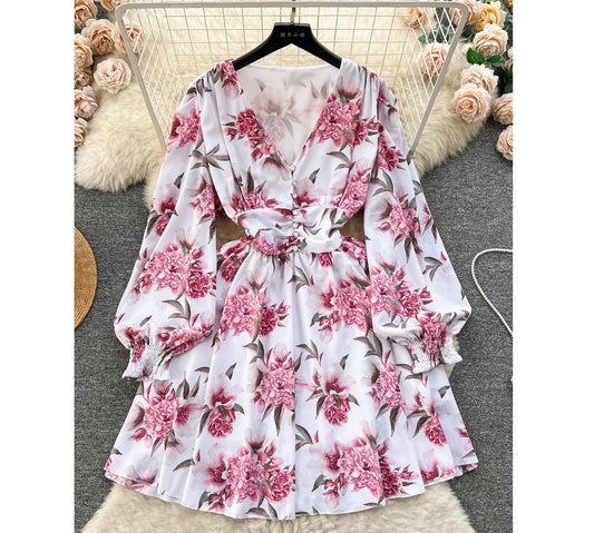 Women's Clothing Ladies Long Sleeve Deep v Neck Dress Floral Print Chiffon