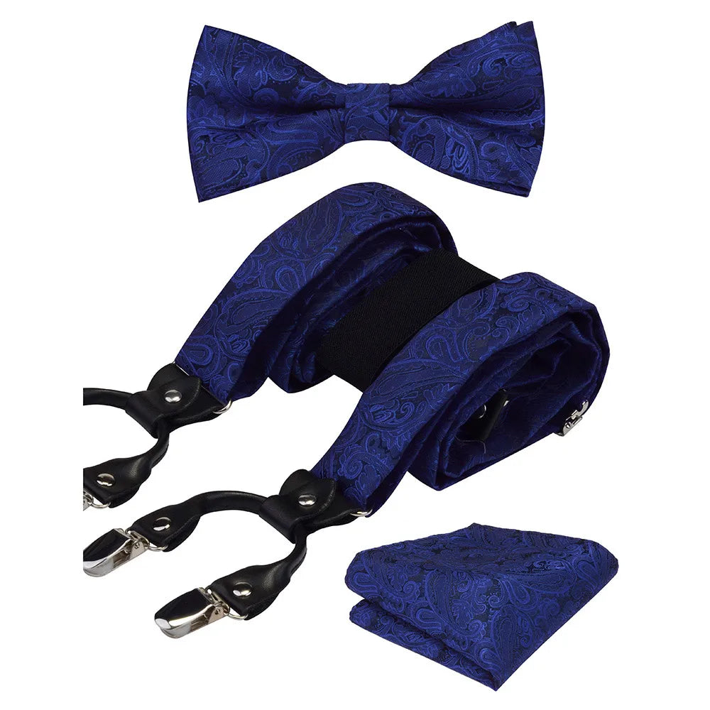 Y Shape Suspenders Bowtie and Pocket Square Set