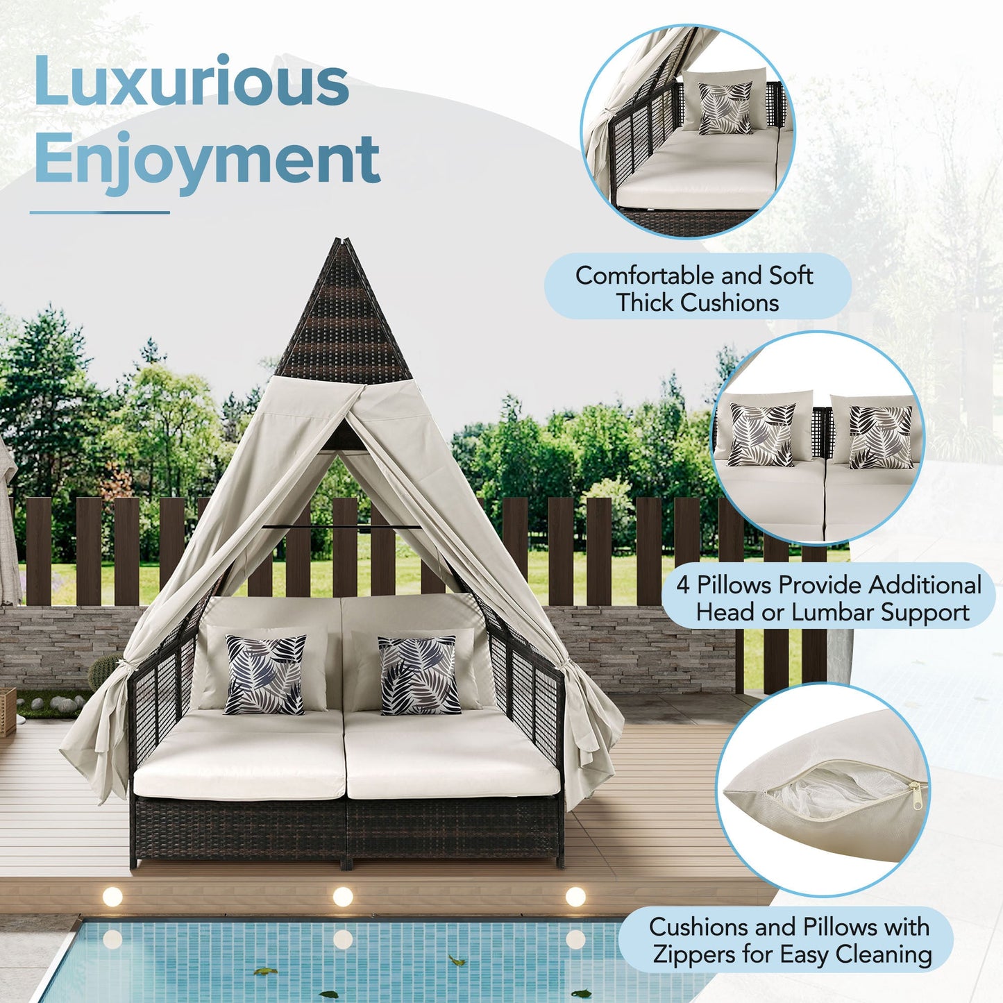 Outdoor Daybed Patio Lounge Bed With Adjustable curtains