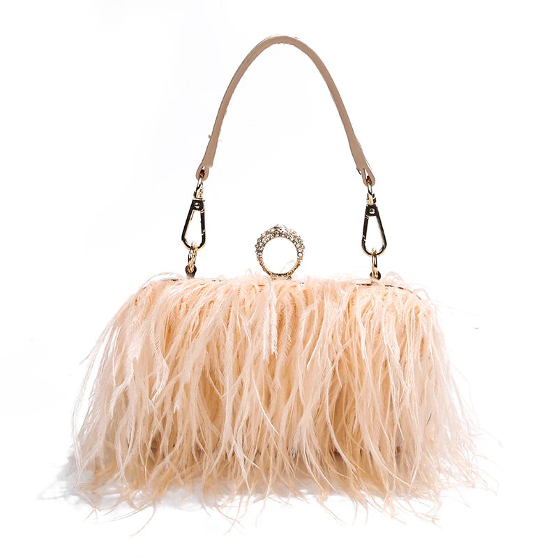 Ostrich Fur Feather Wallet Clutch Bag  Evening Bag Chain Purse