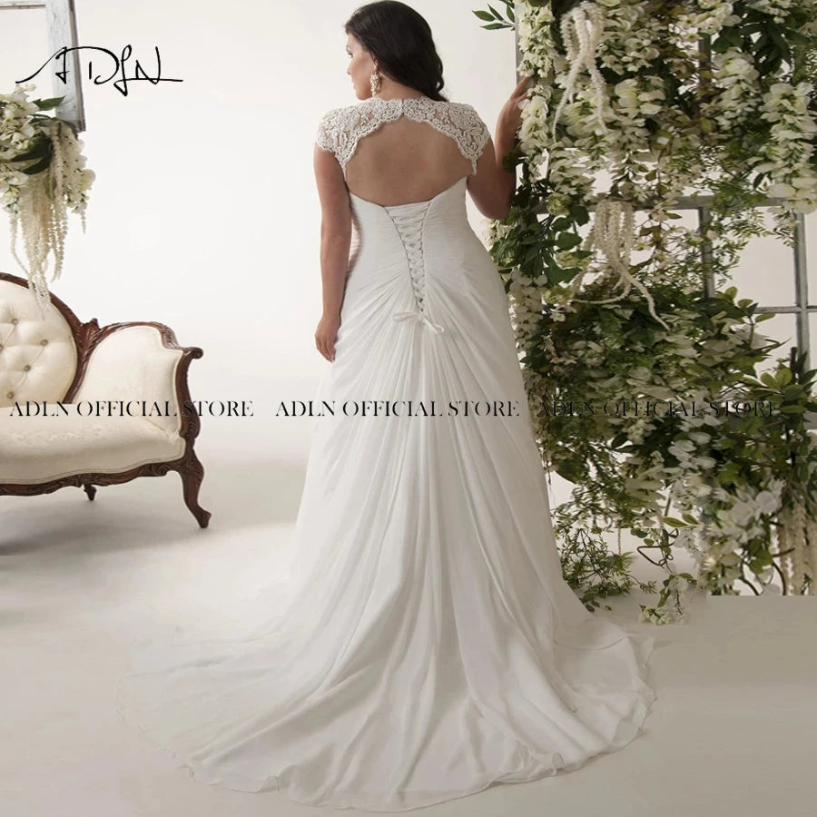 V-Neck Cap Sleeves Robe De Mariage Sweep Train Appliqued Open Back Bridal Gown