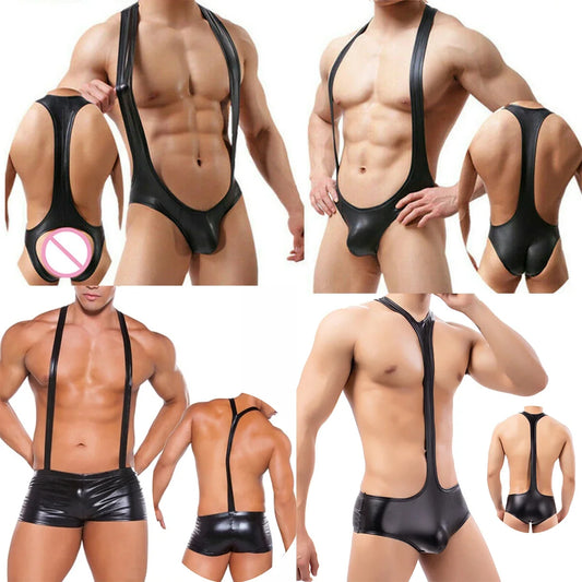 Sexy Mens Undershirts PU Leather Bodysuit  Gay Backless Briefs