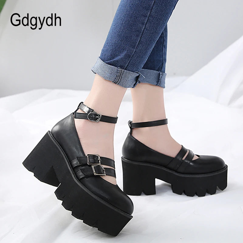 Womens Pump Gothic Shoes Ankle Strap High Chunky Heels