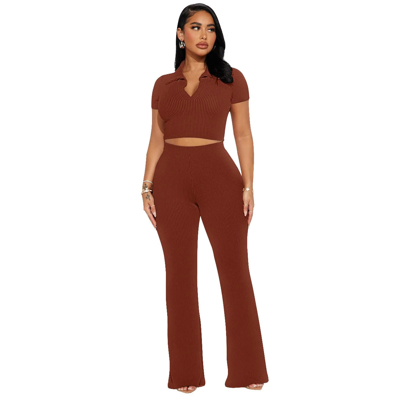 Summer Women's O Neck Short Sleeve Two Piece Sets Wide Leg Pant Suit