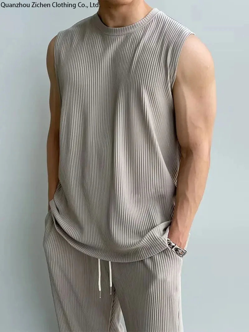 Thin Tracksuit Men Casual Long Pants SleevelessT-shirts Sets