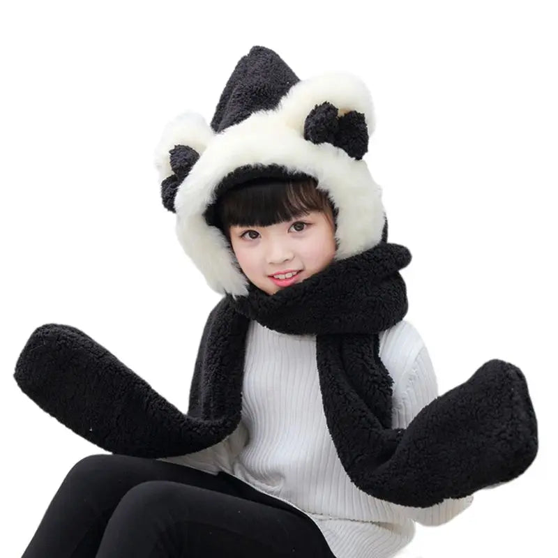 Warm Plush Winter Hat Cute Bowknot Bear Ears Scarf Gloves Hoodie Cap