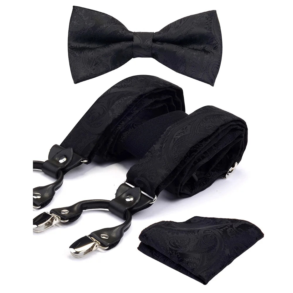 Y Shape Suspenders Bowtie and Pocket Square Set