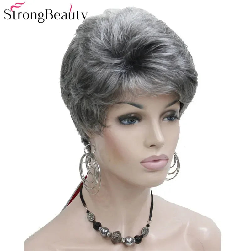 Synthetic Short Straight Hair Puffy Natural Blonde/Silver Grey Wigs With Bangs