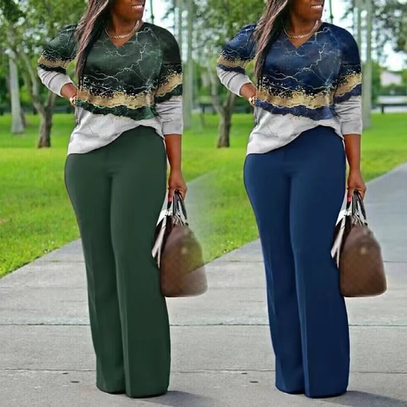 Spring Fall New Plus Size Women Casual Long Sleeve Printing T Shirt Top Pants