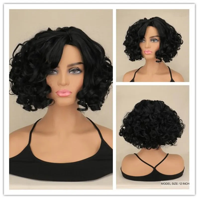 Short Curly Wigs Women Natural Black Heat Resistant Synthetic Hair Wig