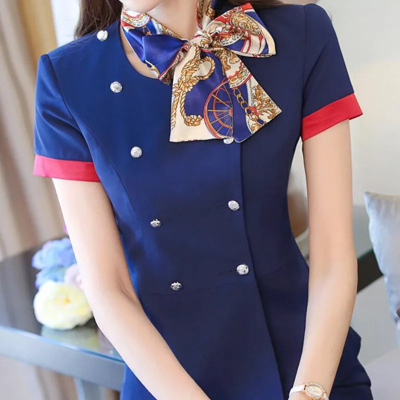 Professional Set Stewardess Uniforms Short Sleeve Blazer With Skirt Office