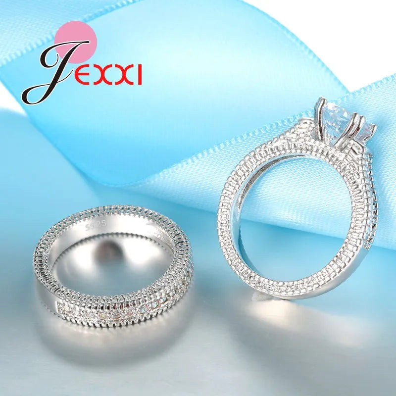 Stamped Silver Needle Ring Sets 2 PCS  Crystal Heart Stone Rings