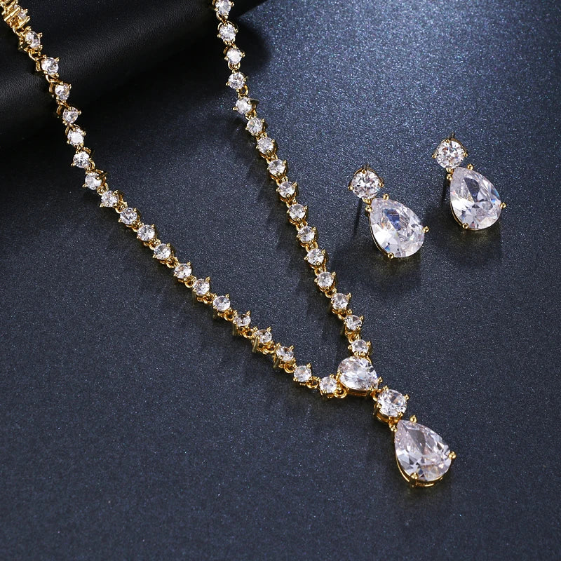 Simple Cubic Zirconia Crystal Women Earrings Necklace Set