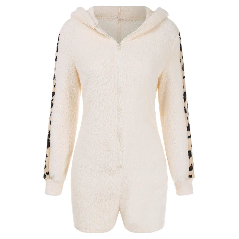 Tight Hooded Pajamas Autumn Winter Leopard Print Jumpsuit