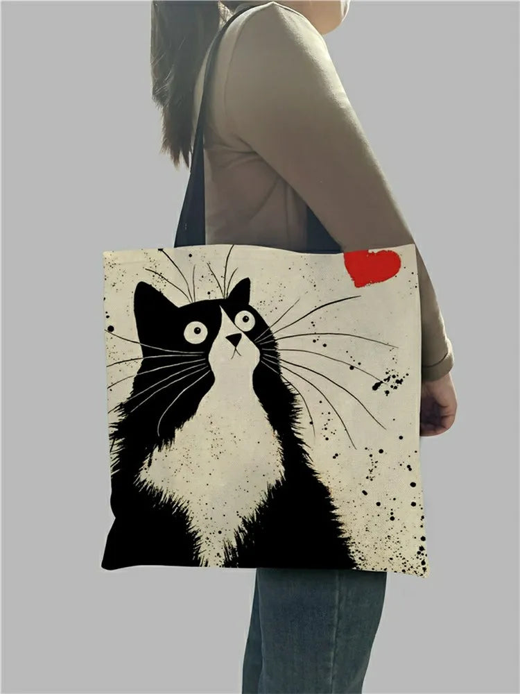 Tote Shopping Bag Cute Cat Printing Women Handbag Linen Totes