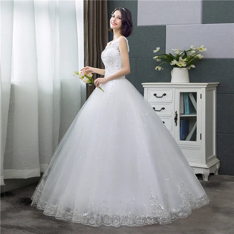 Style V-Neck Lace Tank Sleeveless Floral Print Ball Gown Ivory Wedding Dress