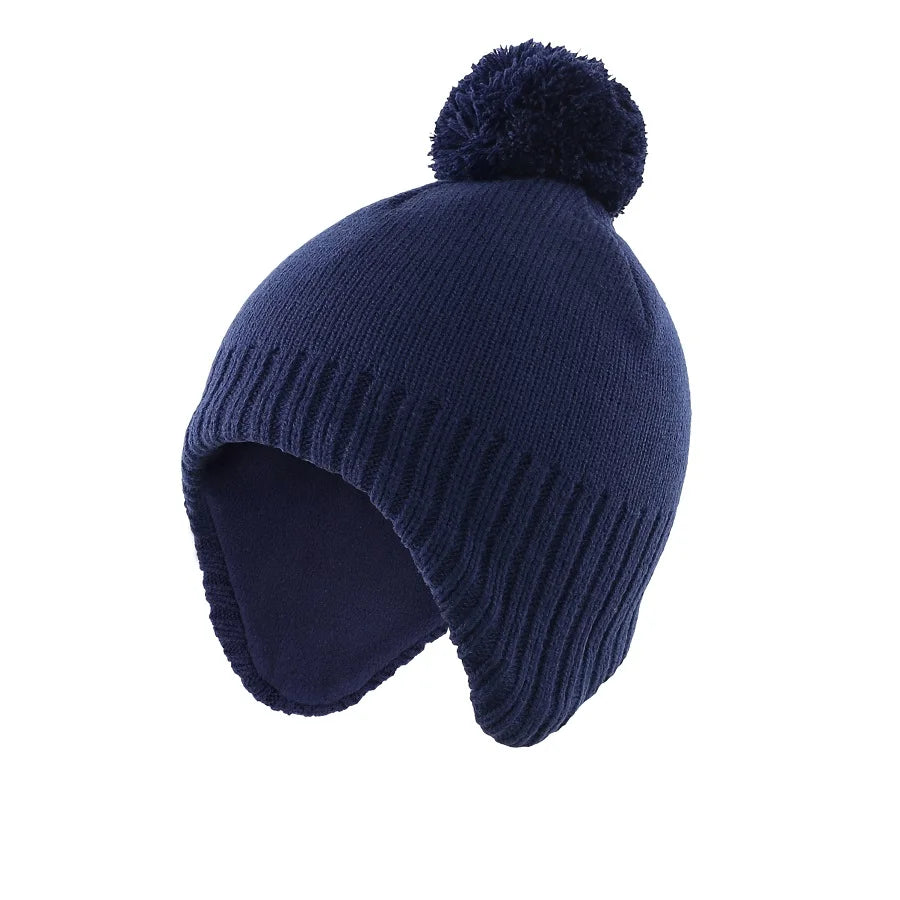 Winter Warm Hat Fleeced Lined Earflap Kids Beanie Hat With Pom-Pom