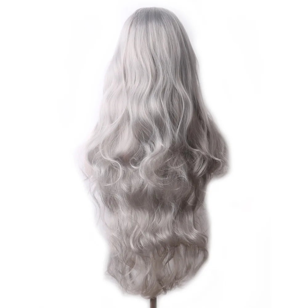 WoodFestival Green Synthetic Long Hair Wavy Wig With Bangs