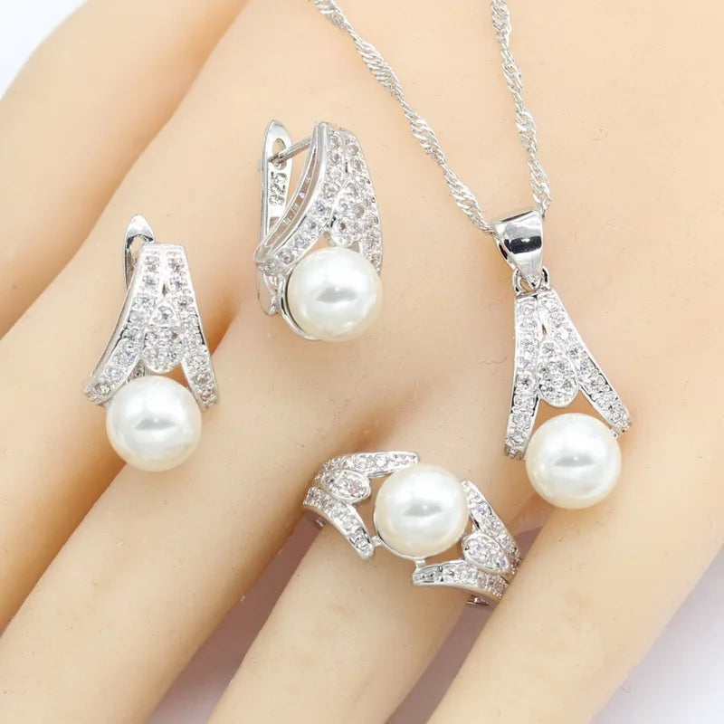 Pearl Silver Color Jewelry Sets Women Bracelet Earrings Necklace Pendant