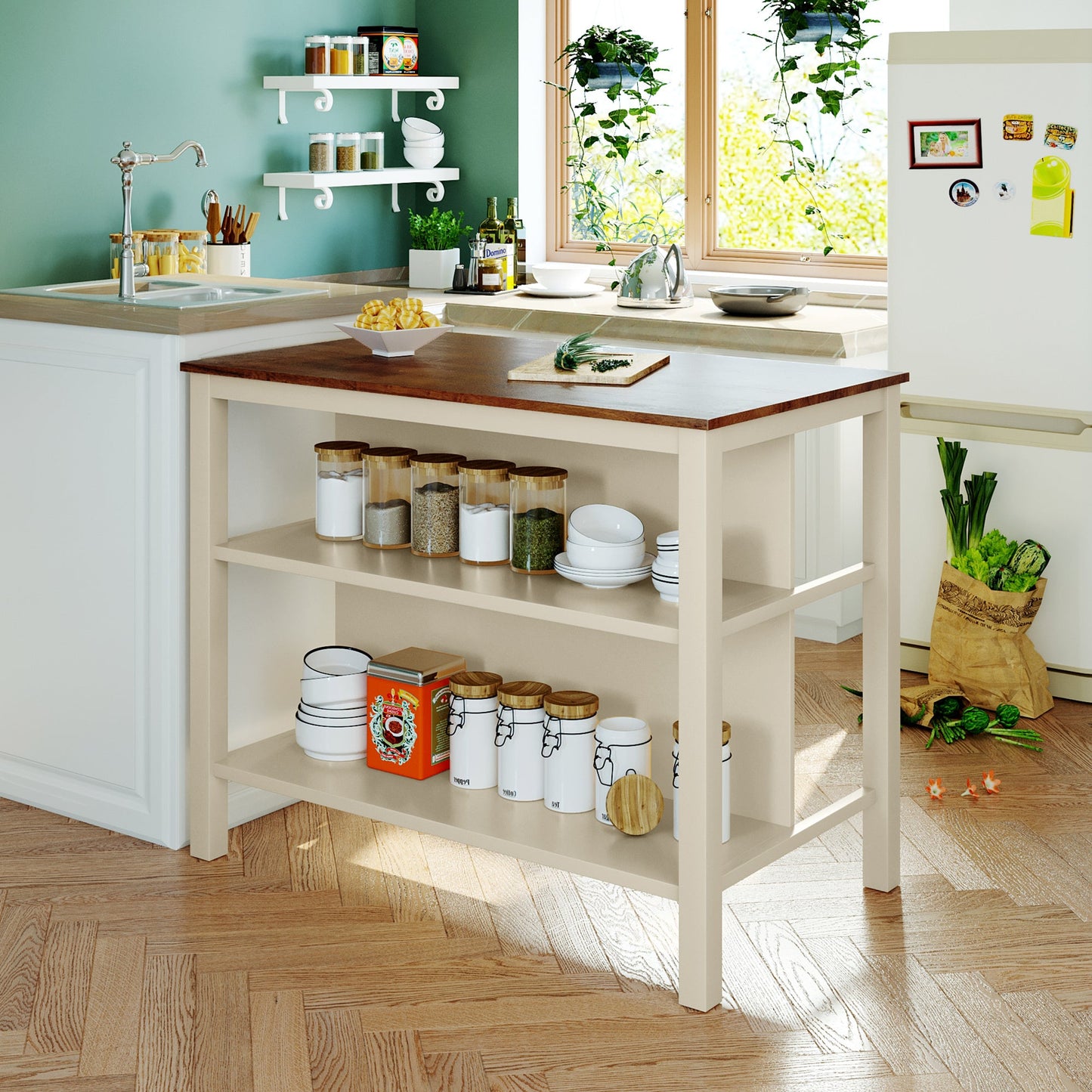 Solid Wood Rustic Kitchen Island, Rubber Wood Butcher Block Dining Table