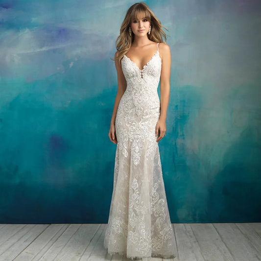 Spaghetti Straps V-Neck Backless Beading Mermaid Wedding Dress