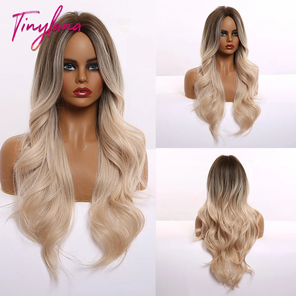 Synthentic Wavy Wigs Brown Blonde Middle Part Wigs With Bangs