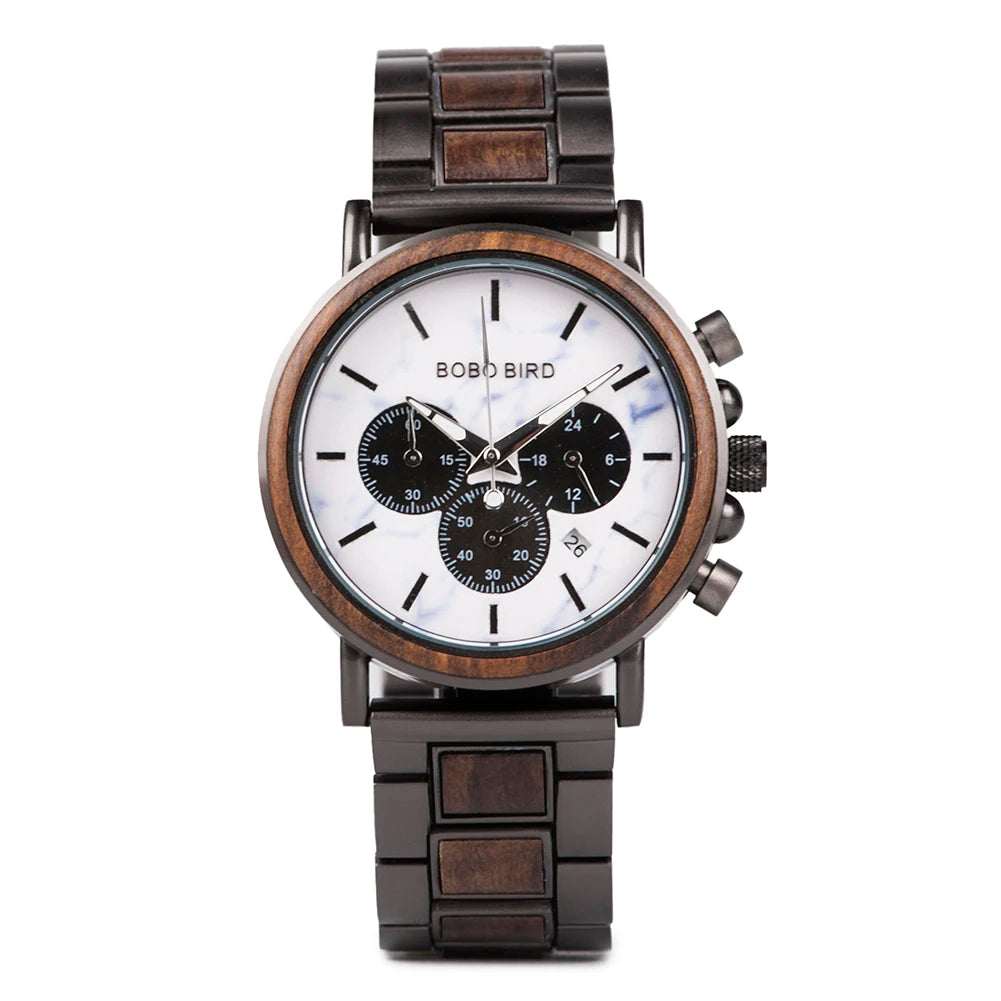 Wood and Stainless Steel Watches Luminous Hands Stop Clock