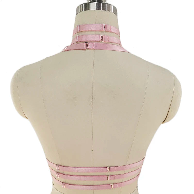 Original Design Pink Collar Bow Harness Bra Kawaii Open Chest Bondage Body Cage