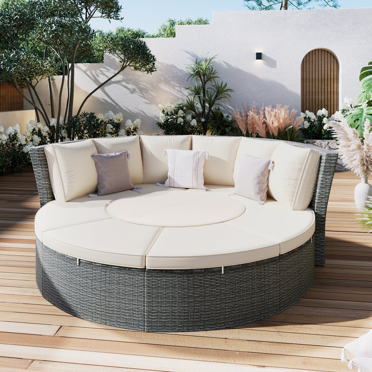 Patio 5-Piece Round Rattan Sectional Sofa Set All-Weather PE Wicker Sunbed