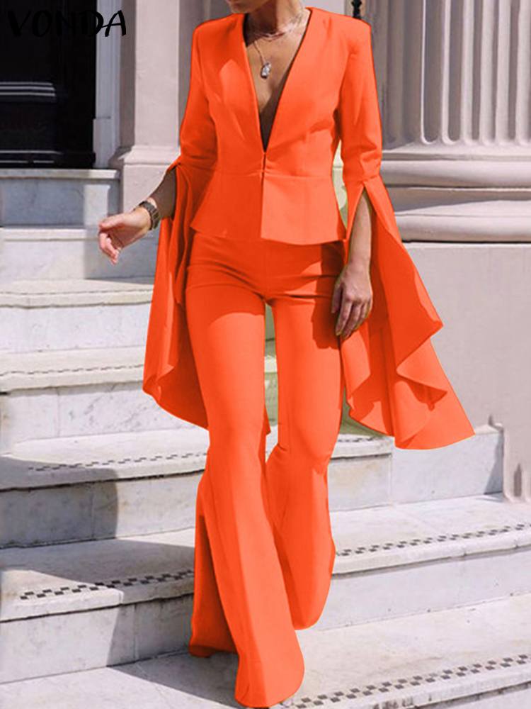 Pants Suits Women Flare Sleeve v Neck Tops and Long Bell Bottoms