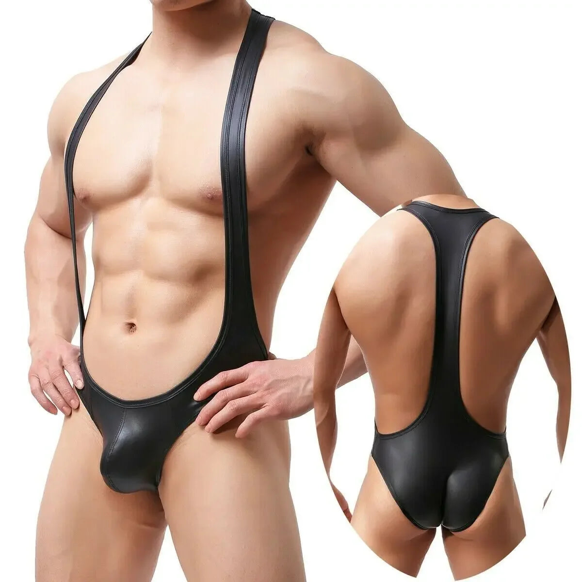 Sexy Mens Undershirts PU Leather Bodysuit  Gay Backless Briefs