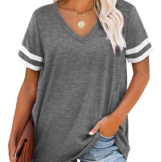 V-Neck Short Sleeve Blank Tshirts Top for Women Elegant Solid Cotton