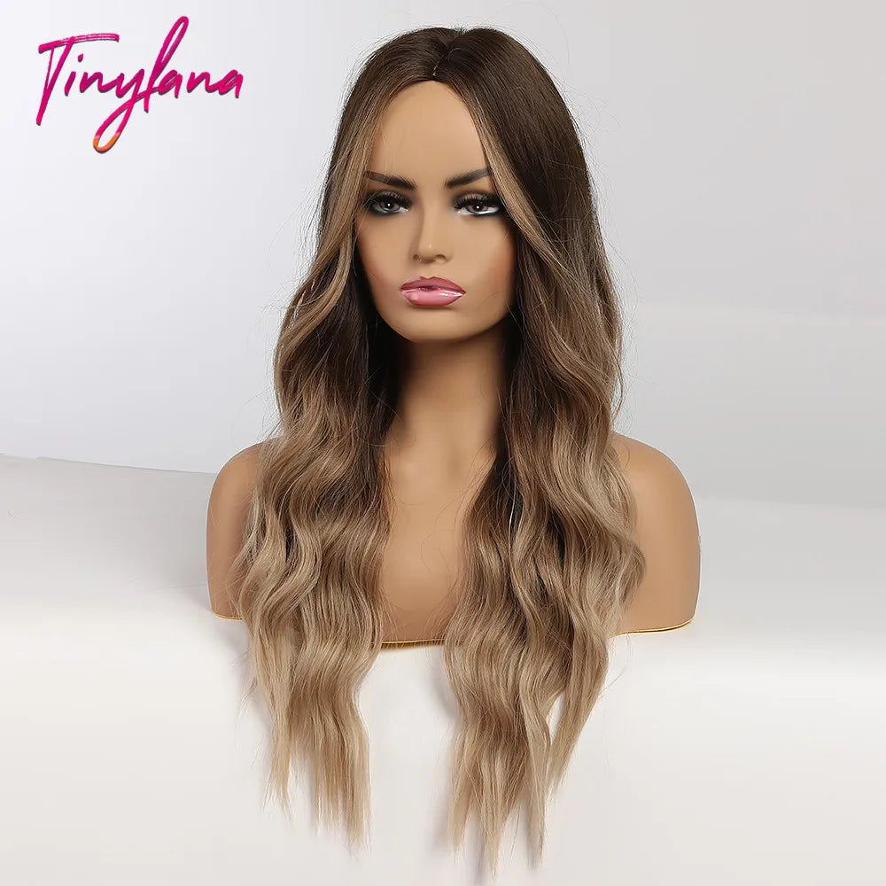 Synthentic Wavy Wigs Brown Blonde Middle Part Wigs With Bangs