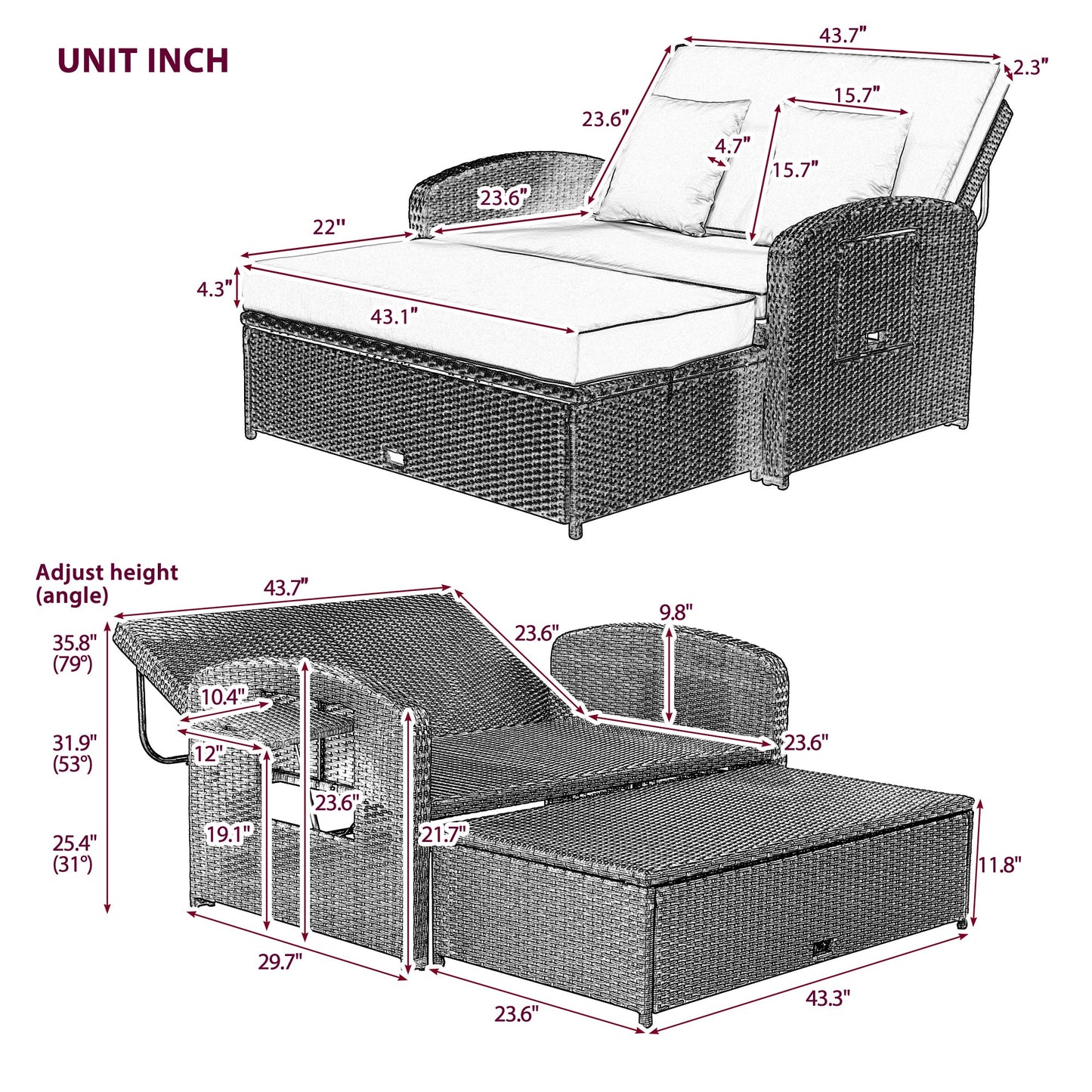 PE Wicker Rattan Double Chaise Lounge, 2-Person Reclining Daybed