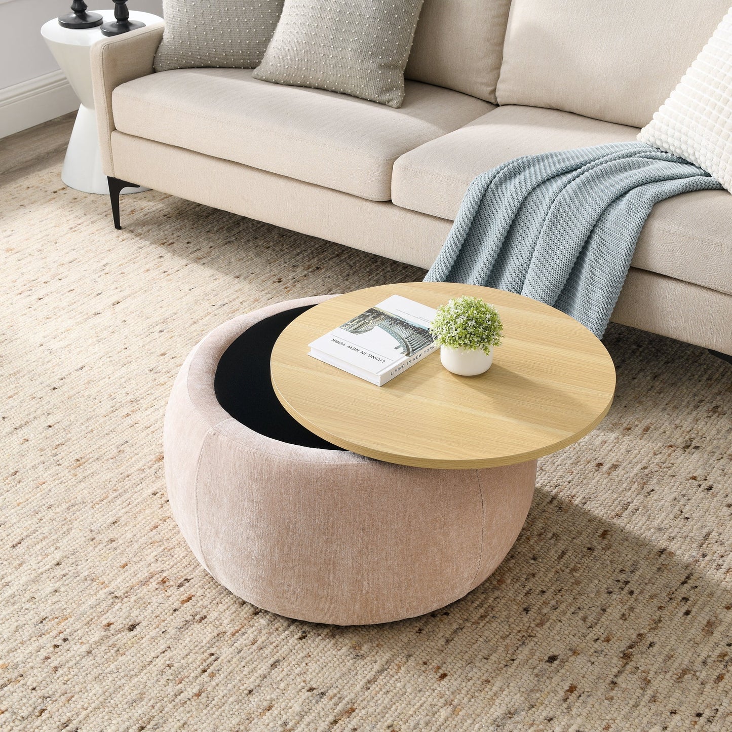 Round Storage Ottoman, 2 in 1 Function, Work as End Table and Ottoman