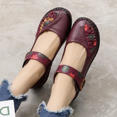 Spring Flower Design Round Toe Soft Bottom Flat Shoes Vintage Leather Flats