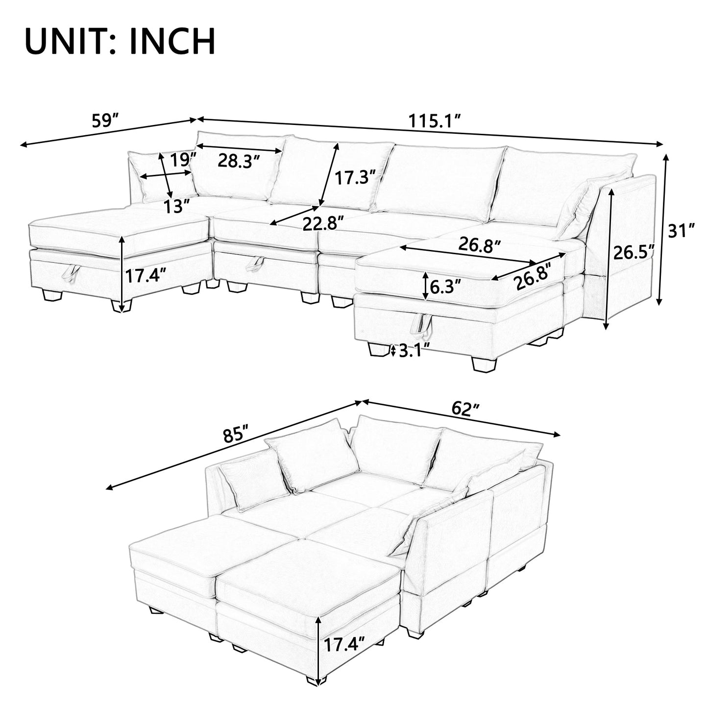 Modern Large U-Shape Modular Sectional Sofa Storage Seat