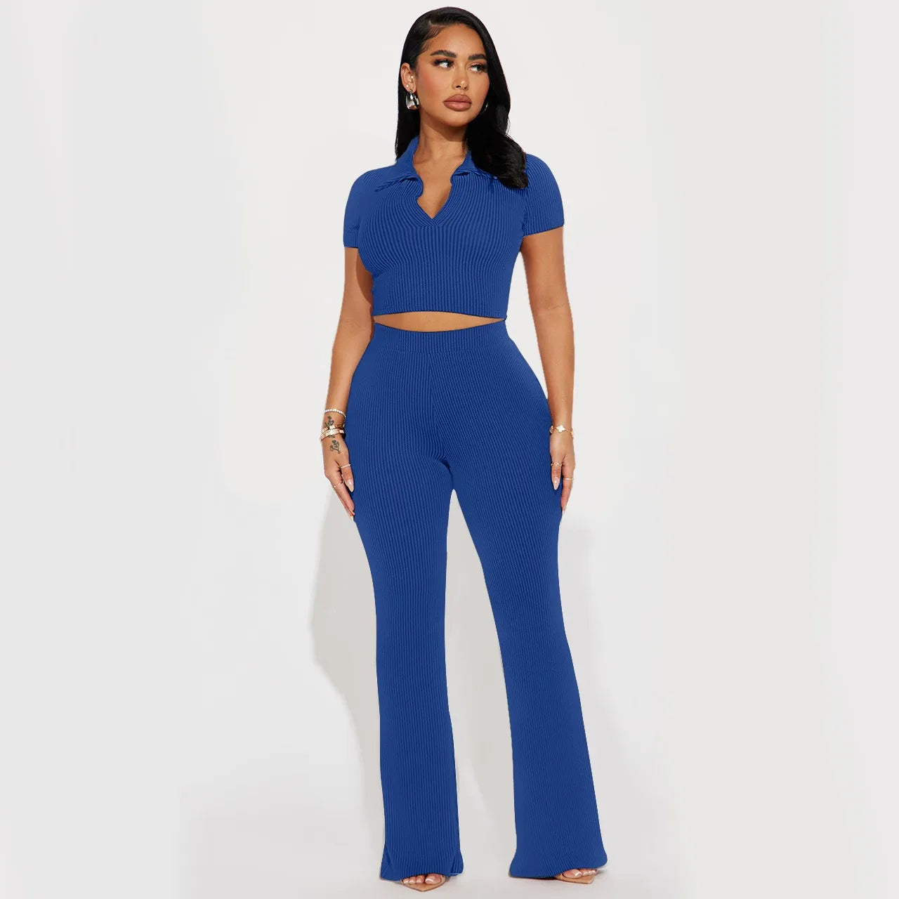 Summer Women's O Neck Short Sleeve Two Piece Sets Wide Leg Pant Suit