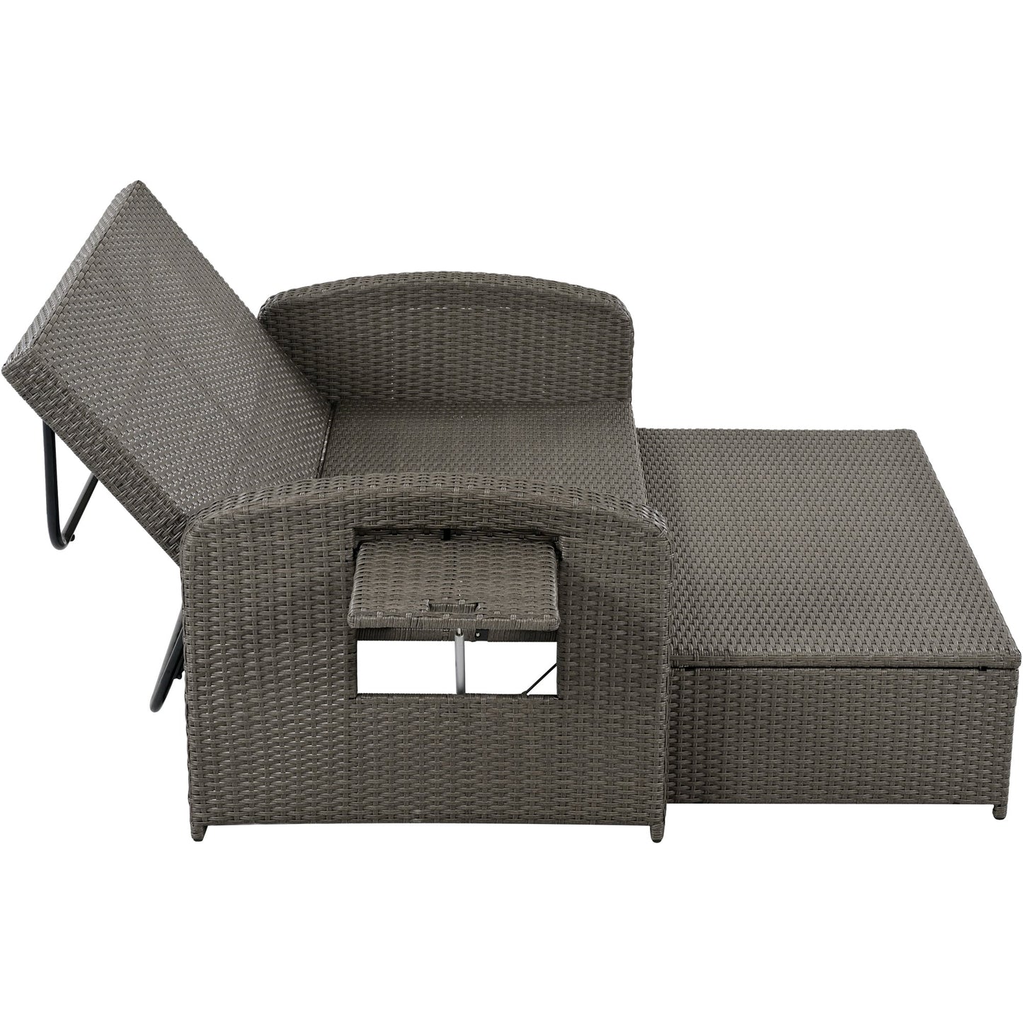 PE Wicker Rattan Double Chaise Lounge, 2-Person Reclining Daybed