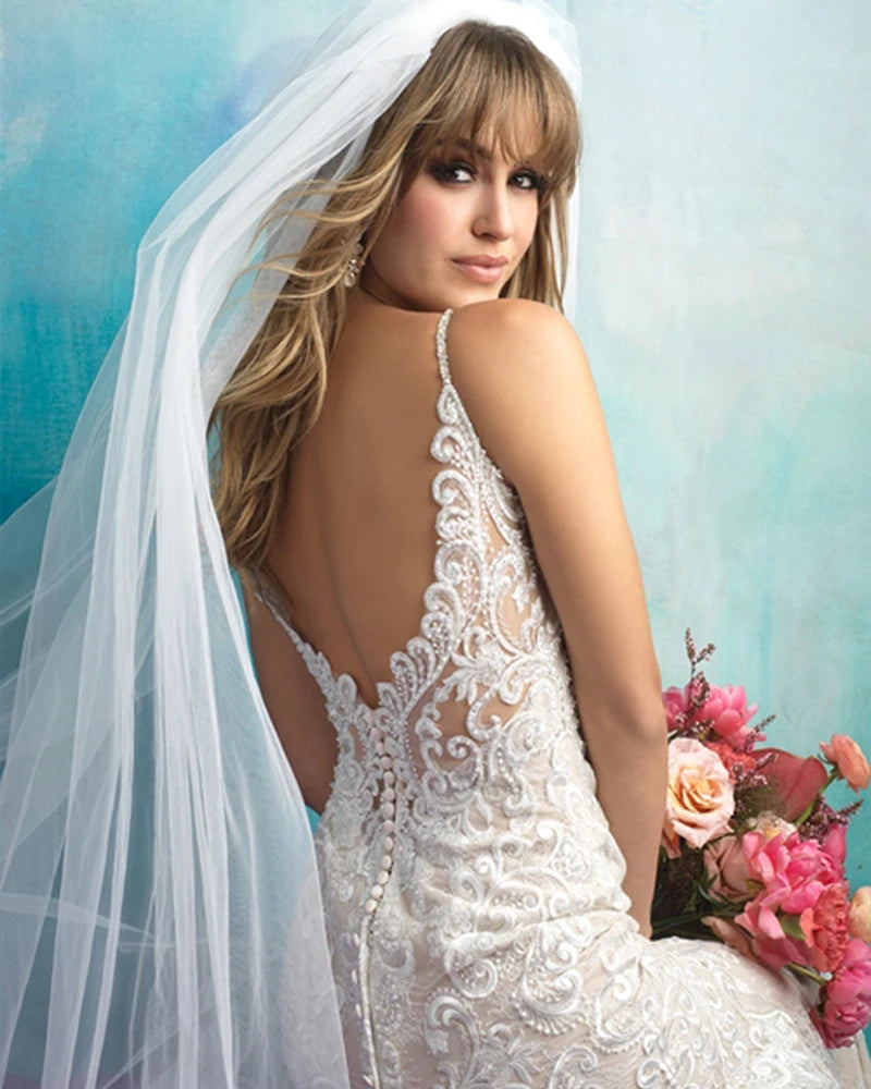 Spaghetti Straps V-Neck Backless Beading Mermaid Wedding Dress