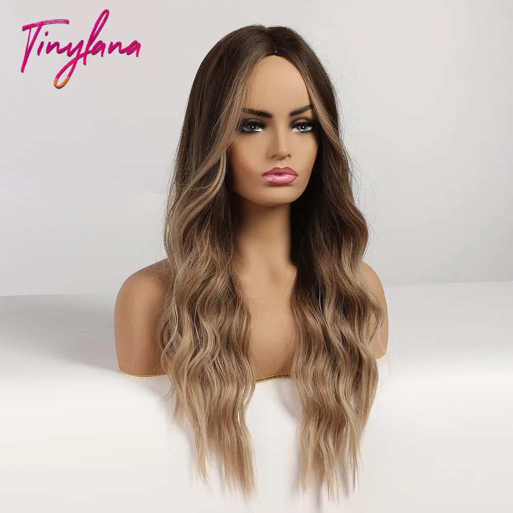 Synthentic Wavy Wigs Brown Blonde Middle Part Wigs With Bangs