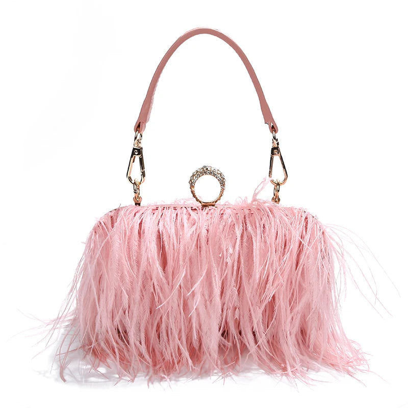 Ostrich Fur Feather Wallet Clutch Bag  Evening Bag Chain Purse