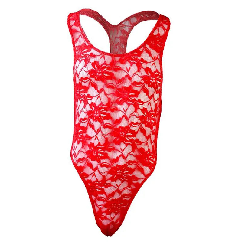 Sexy Men Lingerie One-Piece Floral Lace Semi See-Through Bodysuit