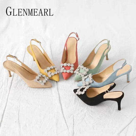 Women Pumps Fashion Ladies Rhinestone High Heels Shoes Soft Leather Heels